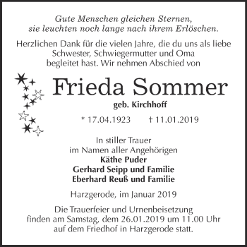 Traueranzeige von Frieda Sommer von Super Sonntag Quedlinburg