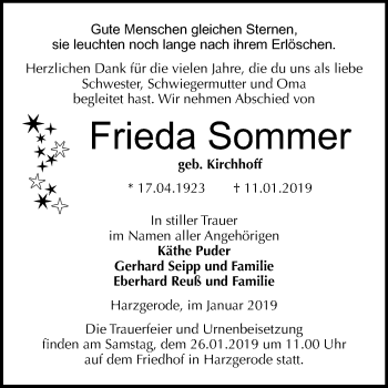 Traueranzeige von Frieda Sommer von Mitteldeutsche Zeitung Quedlinburg