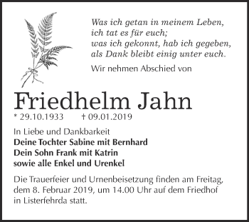 Traueranzeige von Friedhelm Jahn von WVG - Wochenspiegel Wittenberg