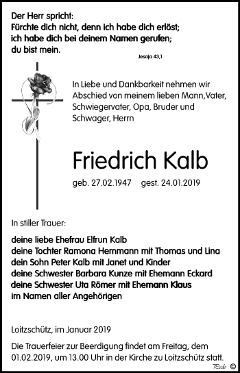 Traueranzeige von Friedrich Kalb von Mitteldeutsche Zeitung Zeitz