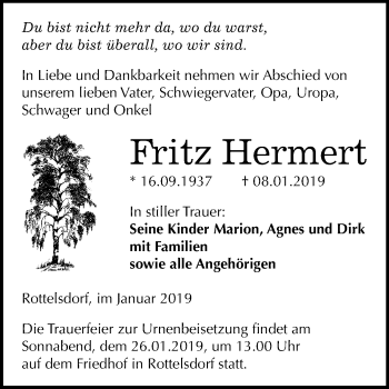 Traueranzeige von Fritz Hermert von Mitteldeutsche Zeitung