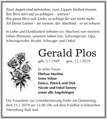 Traueranzeige von Gerald Plos von WVG - Wochenspiegel Merseburg