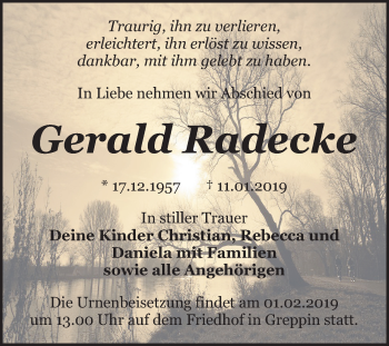 Traueranzeige von Gerald Radecke von Mitteldeutsche Zeitung Bitterfeld