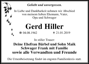 Traueranzeige von Gerd Hiller von WVG - Wochenspiegel Dessau / Köthen