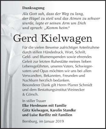 Traueranzeige von Gerd Kielwagen von Super Sonntag Bernburg