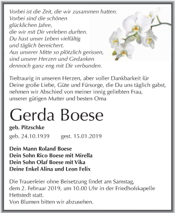 Traueranzeige von Gerda Boese von Super Sonntag SGH Mansf. Land
