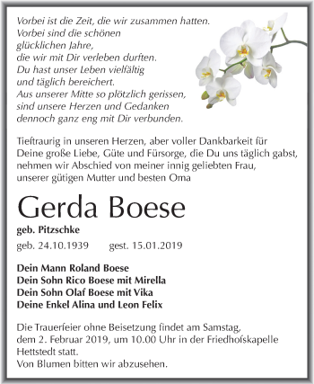 Traueranzeige von Gerda Boese von Mitteldeutsche Zeitung