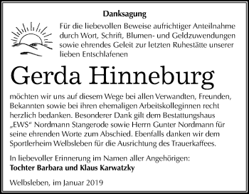 Traueranzeige von Gerda Hinneburg von Wochenspiegel Mansfelder Land