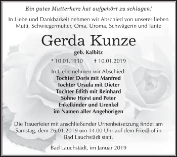 Traueranzeige von Gerda Kunze von WVG - Wochenspiegel Merseburg