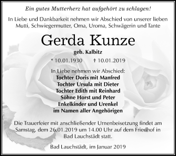 Traueranzeige von Gerda Kunze von Mitteldeutsche Zeitung