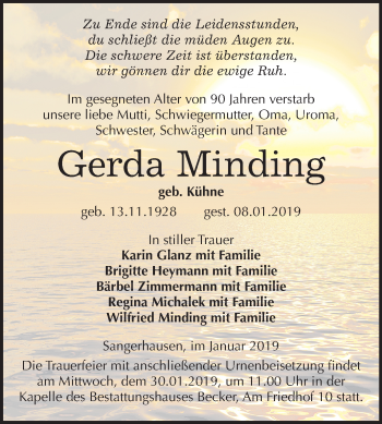 Traueranzeige von Gerda Minding von Mitteldeutsche Zeitung