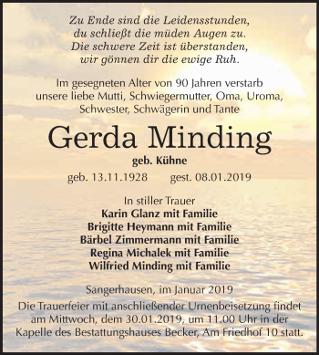Traueranzeige von Gerda Minding von Super Sonntag SGH Mansf. Land