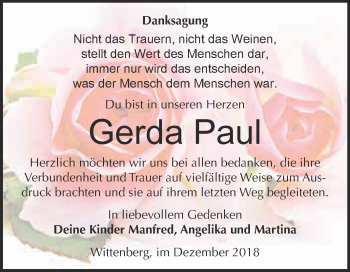 Traueranzeige von Gerda Paul von Super Sonntag Wittenberg