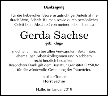 Traueranzeige von Gerda Sachse von Mitteldeutsche Zeitung Halle/Saalkreis