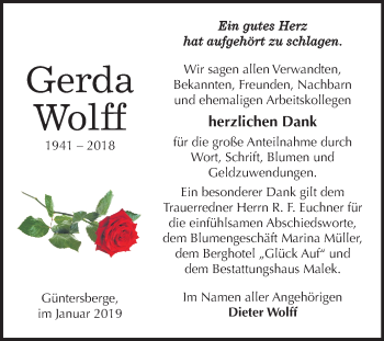 Traueranzeige von Gerda Wolff von Mitteldeutsche Zeitung
