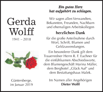 Traueranzeige von Gerda Wolff von WVG - Wochenspiegel Quedlinburg