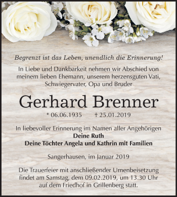 Traueranzeige von Gerhard Brenner von Mitteldeutsche Zeitung Sangerhausen