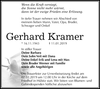 Traueranzeige von Gerhard Kramer von Mitteldeutsche Zeitung Mansfelder Land