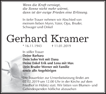 Traueranzeige von Gerhard Kramer von Wochenspiegel Mansfelder Land