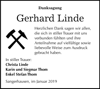 Traueranzeige von Gerhard Linde von Mitteldeutsche Zeitung Sangerhausen