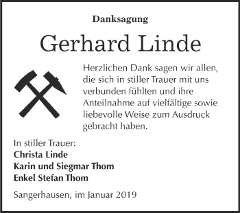 Traueranzeige von Gerhard Linde von Super Sonntag SGH Mansf. Land