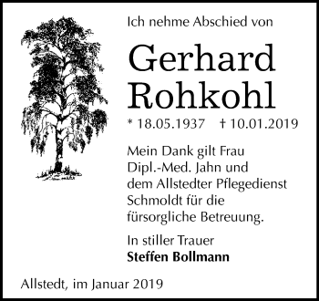 Traueranzeige von Gerhard Rohkohl von Super Sonntag SGH Mansf. Land