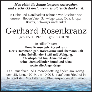 Traueranzeige von Gerhard Rosenkranz von Wochenspiegel Mansfelder Land
