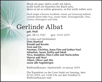 Traueranzeige von Gerlinde Albat von Super Sonntag SGH Mansf. Land