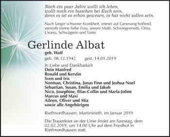 Traueranzeige von Gerlinde Albat von Mitteldeutsche Zeitung Sangerhausen