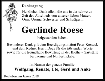 Traueranzeige von Gerlinde Roese von Mitteldeutsche Zeitung Dessau-Roßlau