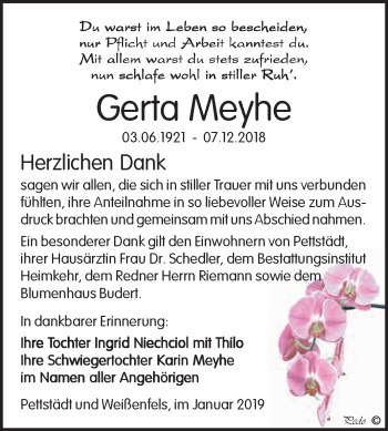 Traueranzeige von Gerta Meyhe von WVG - Wochenspiegel NMB / WSF / ZTZ