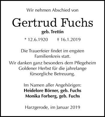 Traueranzeige von Gertrud Fuchs von Mitteldeutsche Zeitung Quedlinburg