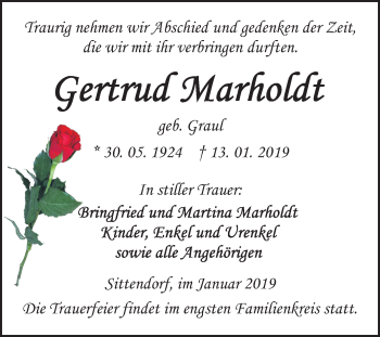 Traueranzeige von Gertrud Marholdt von Mitteldeutsche Zeitung Sangerhausen