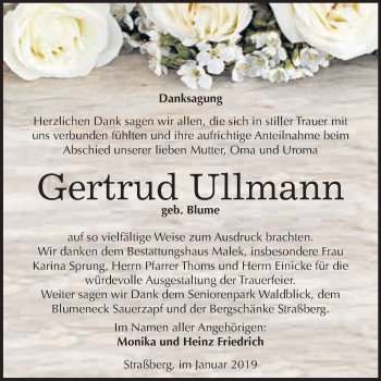 Traueranzeige von Gertrud Ullmann von WVG - Wochenspiegel Quedlinburg