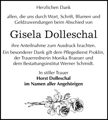 Traueranzeige von Gisela Dolleschal von WVG - Wochenspiegel Quedlinburg