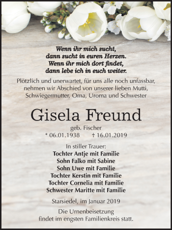 Traueranzeige von Gisela Freund von Mitteldeutsche Zeitung Weißenfels