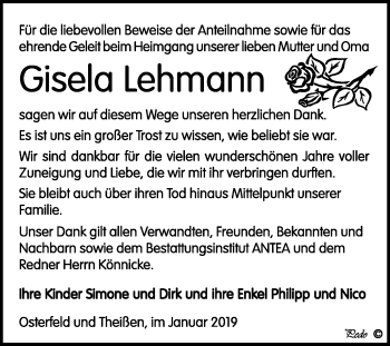Traueranzeige von Gisela Lehmann von Super Sonntag Zeitz