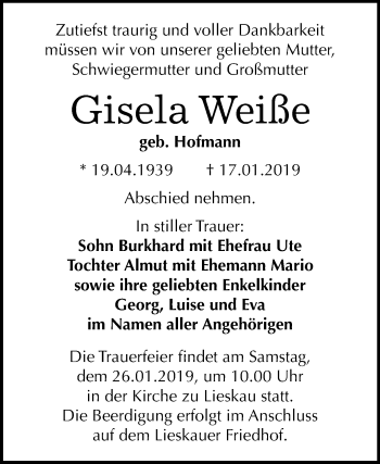 Traueranzeige von Gisela Weiße von Mitteldeutsche Zeitung