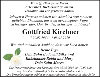 Traueranzeige von Gottfried Kirchner von Mitteldeutsche Zeitung Dessau-Roßlau