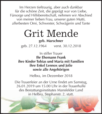 Traueranzeige von Grit Mende von Wochenspiegel Mansfelder Land