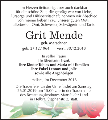 Traueranzeige von Grit Mende von Mitteldeutsche Zeitung