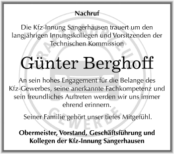 Traueranzeige von Günter Berghoff von Mitteldeutsche Zeitung Sangerhausen