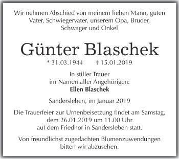 Traueranzeige von Günter Blaschek von Wochenspiegel Mansfelder Land