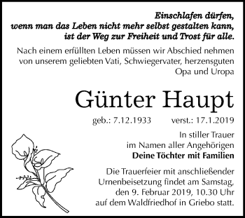 Traueranzeige von Günter Haupt von Mitteldeutsche Zeitung