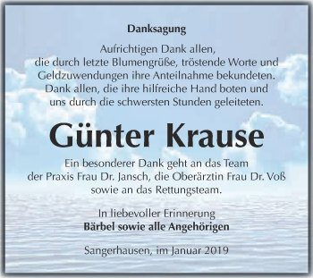 Traueranzeige von Günter Krause von Super Sonntag SGH Mansf. Land