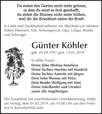 Traueranzeige von Günter Köhler von Super Sonntag Wittenberg