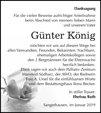 Traueranzeige von Günter König von Super Sonntag SGH Mansf. Land