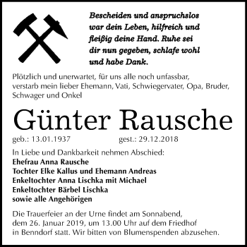 Traueranzeige von Günter Rausche von Super Sonntag SGH Mansf. Land