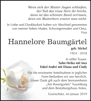 Traueranzeige von Hannelore Baumgärtel von Mitteldeutsche Zeitung Weißenfels