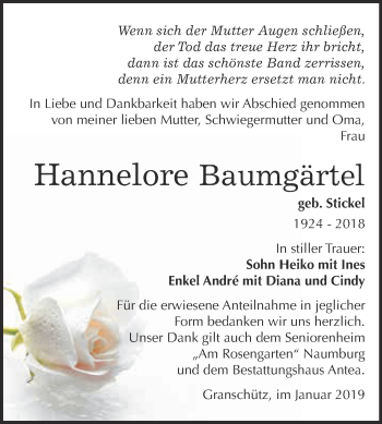 Traueranzeige von Hannelore Baumgärtel von WVG - Wochenspiegel NMB / WSF / ZTZ